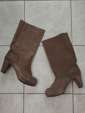 Sanita Lola Mae Boots Brown Suede Leather Wooden Heel Women's Size 40